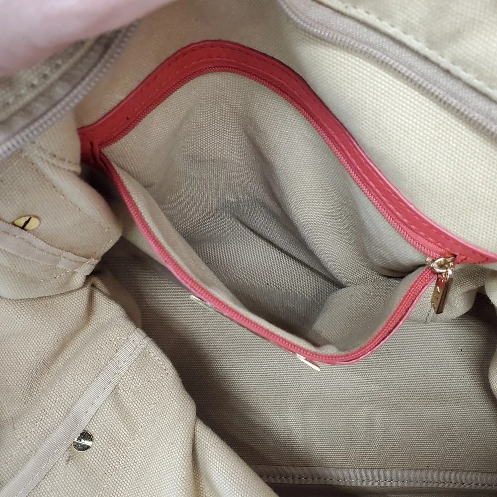 Boulevard Sunday Tote Shopper Carry All Tan Canvas Red Leather Large REDS